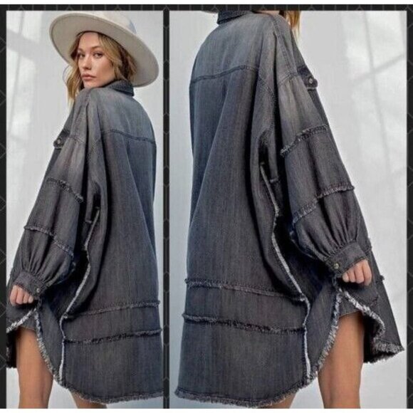 EASEL EXTRA Oversized Shirt Dress-Distressed Unique Statement Sleeves Grey Small - Picture 2 of 13